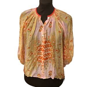 Line & Dot Orange Pink Boho Button Down Aztec Print 100% Silk Top Size Small